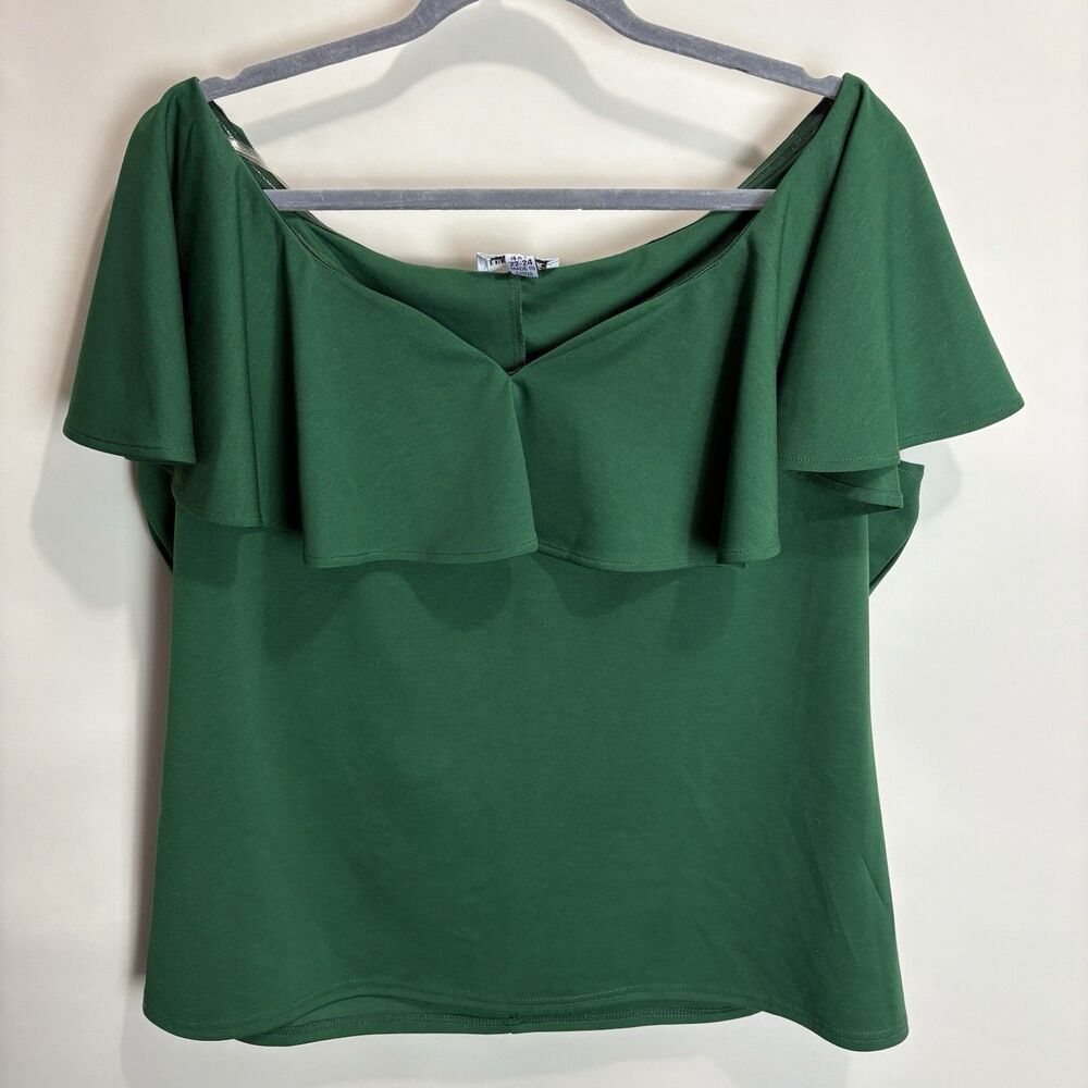 Unique Vintage 50s Green Off the Shoulder Ruffle Frenchie Knit Top 4XL
